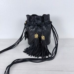 Chanel Bucket Bag Small Black Quilted Lambskin Tassel Crossbody CC Drawstring